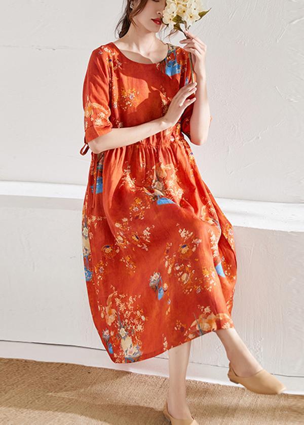 Style Orange Print O-Neck tie Waist Summer Ramie Party Dress Half Sleeve - Omychic