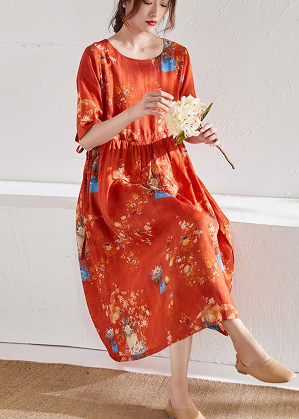 Style Orange Print O-Neck tie Waist Summer Ramie Party Dress Half Sleeve - Omychic