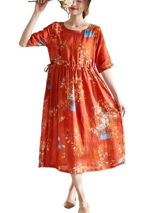 Style Orange Print O-Neck tie Waist Summer Ramie Party Dress Half Sleeve - Omychic