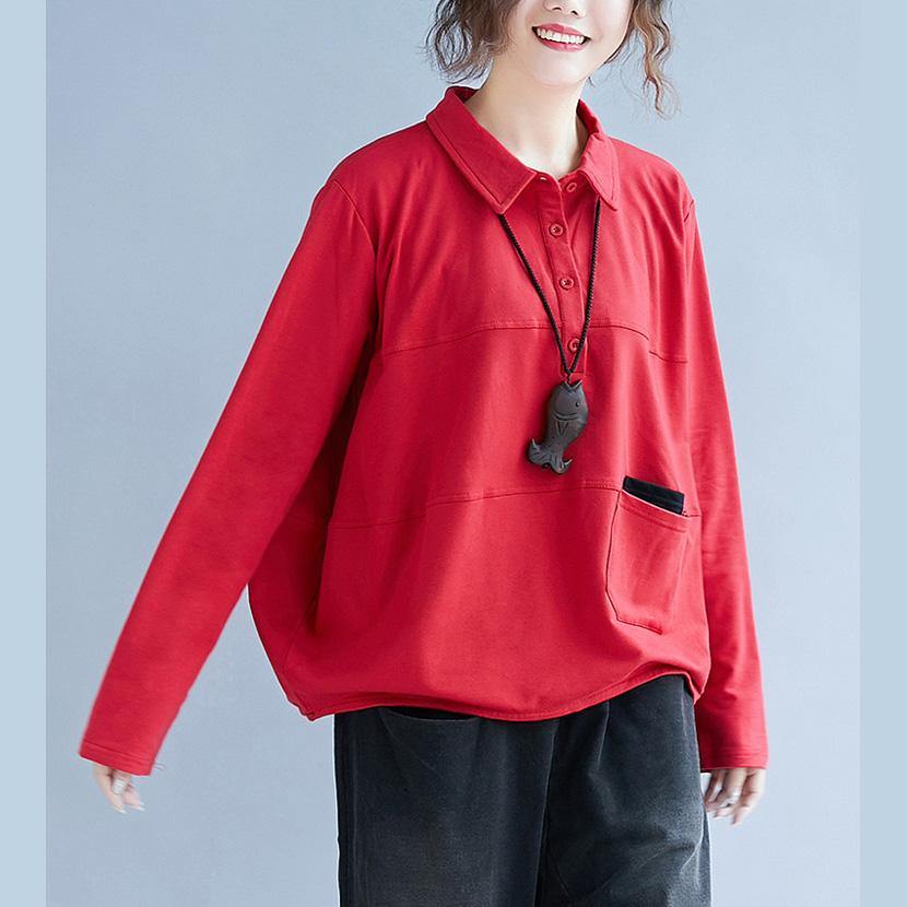Style POLO collar cotton tunic pattern Sleeve red blouse patchwork - Omychic