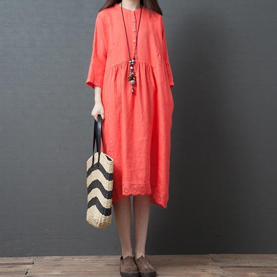 Style POLO neck linen clothes For Women Fabrics orange Dress summer - Omychic