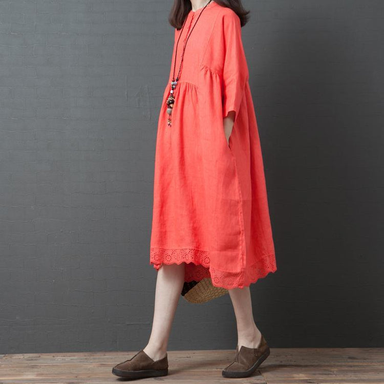 Style POLO neck linen clothes For Women Fabrics orange Dress summer - Omychic