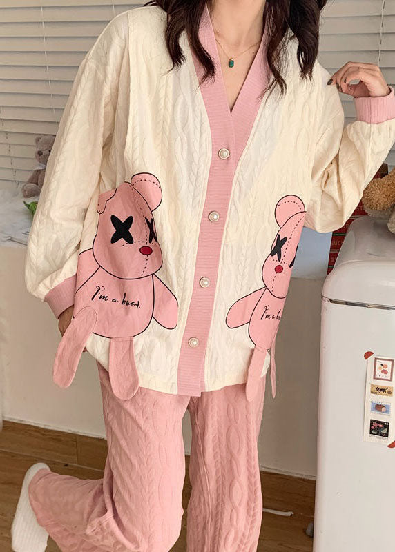 Style Pink Cartoon Patchwork Cotton Pajamas Two Pieces Set Spring