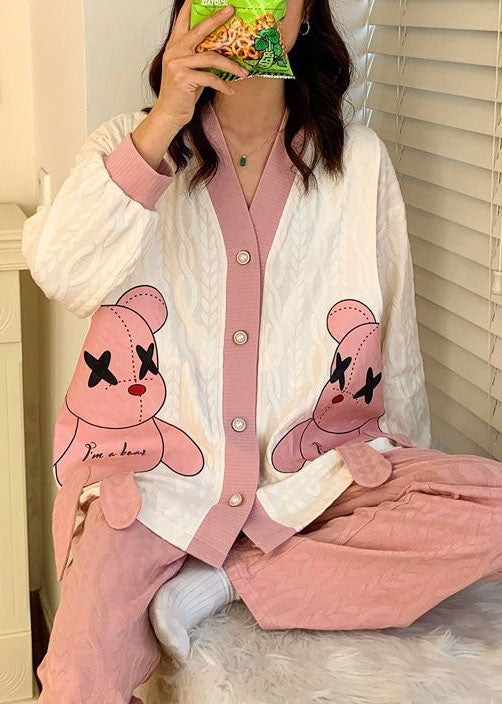 Style Pink Cartoon Patchwork Cotton Pajamas Two Pieces Set Spring