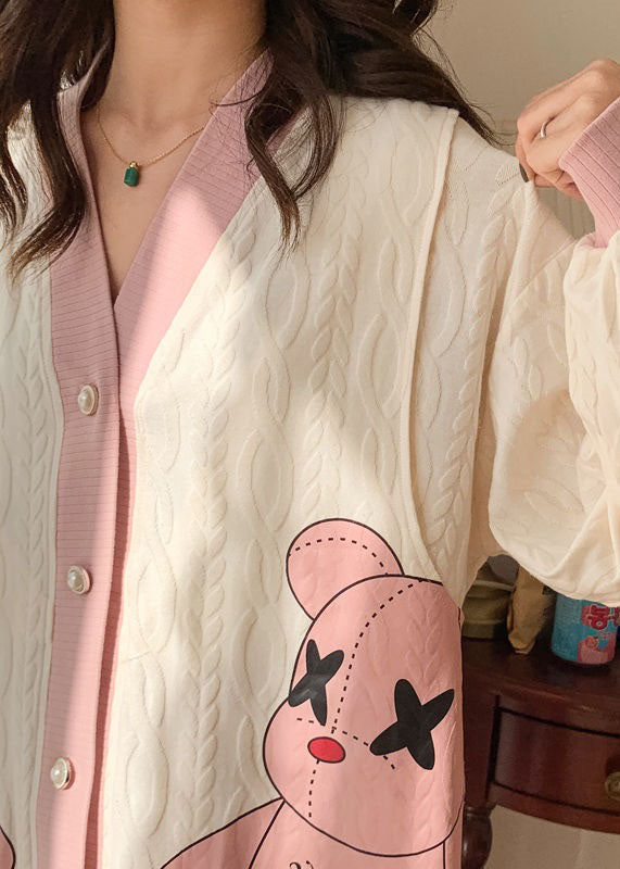 Style Pink Cartoon Patchwork Cotton Pajamas Two Pieces Set Spring