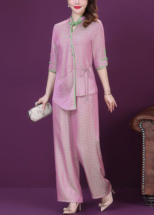 Style Pink Chinese Button Tops And Pants Silk Two Pieces Set Spring