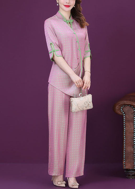 Style Pink Chinese Button Tops And Pants Silk Two Pieces Set Spring