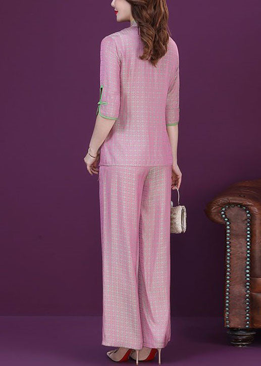 Style Pink Chinese Button Tops And Pants Silk Two Pieces Set Spring