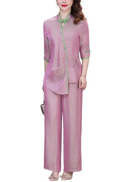 Style Pink Chinese Button Tops And Pants Silk Two Pieces Set Spring