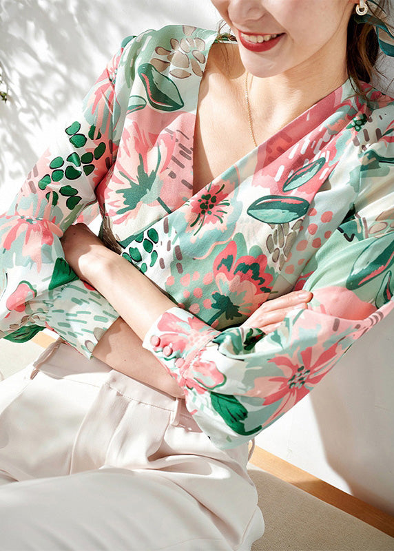 Style Pink Green V Neck Print Silk Shirts Long Sleeve