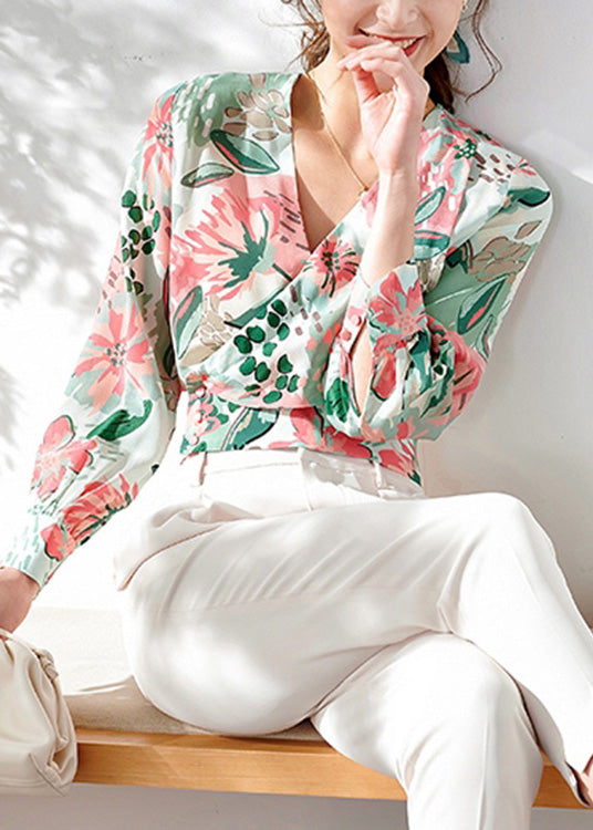 Style Pink Green V Neck Print Silk Shirts Long Sleeve