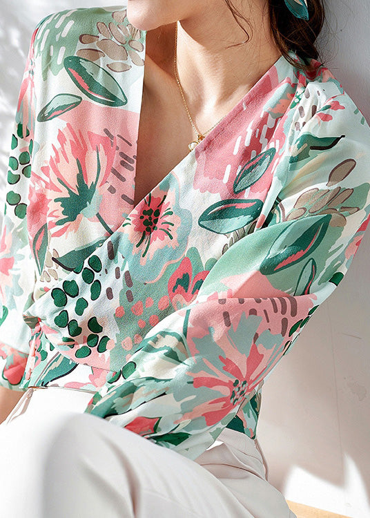 Style Pink Green V Neck Print Silk Shirts Long Sleeve