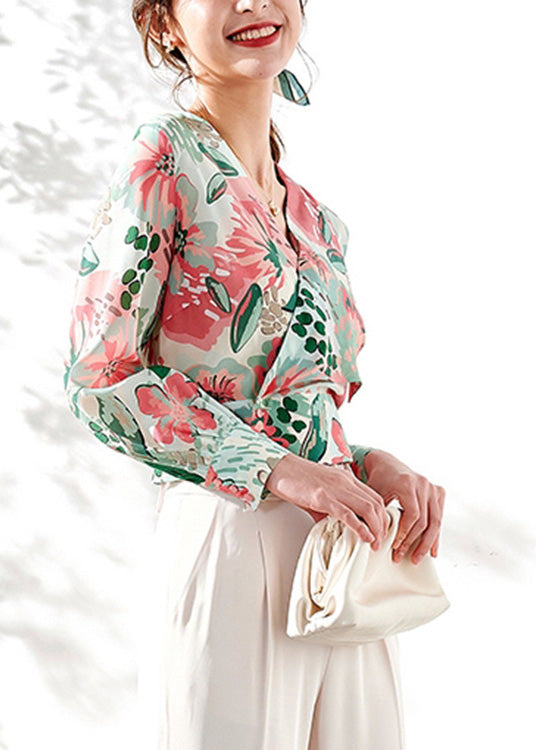 Style Pink Green V Neck Print Silk Shirts Long Sleeve