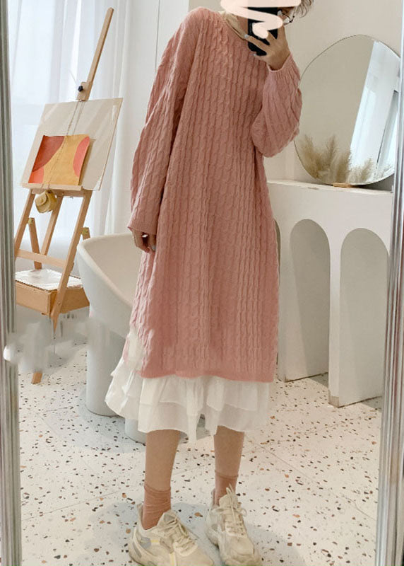 Style Pink O-Neck Cozy Cotton Knit Sweater Dress Fall