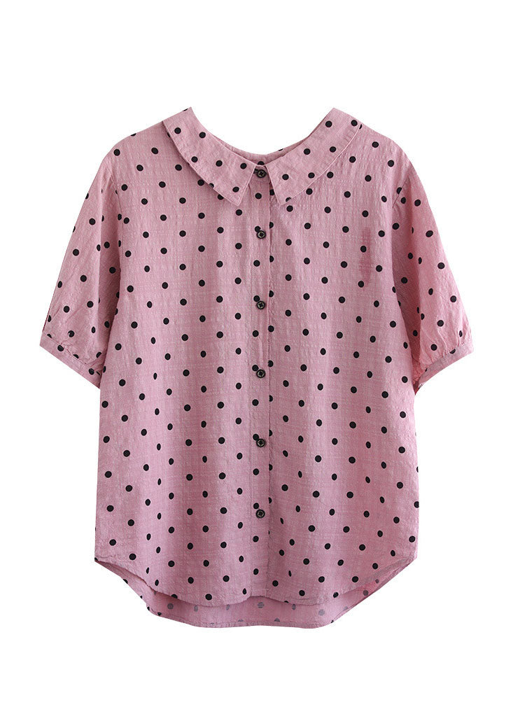 Style Pink Peter Pan Collar Print Patchwork Cotton Blouses Short Sleeve