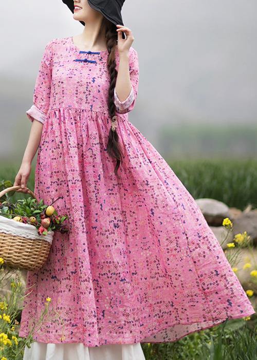 Style Pink Print Dresses O Neck Chinese Button Traveling Spring Dresses - Omychic