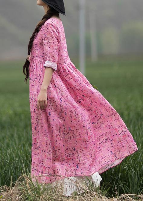 Style Pink Print Dresses O Neck Chinese Button Traveling Spring Dresses - Omychic
