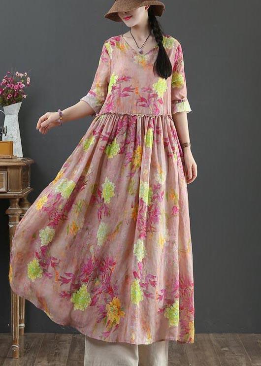 Style Pink Print Pockets Summer Linen Dress - Omychic