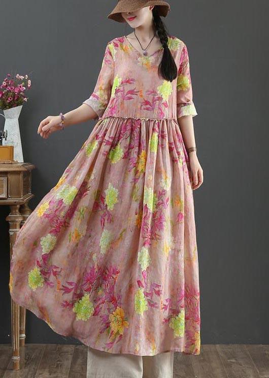 Style Pink Print Pockets Summer Linen Dress - Omychic