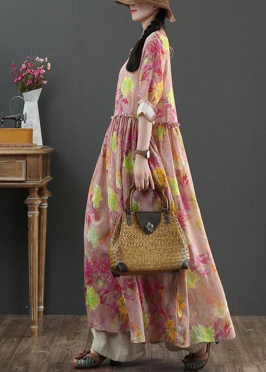 Style Pink Print Pockets Summer Linen Dress - Omychic