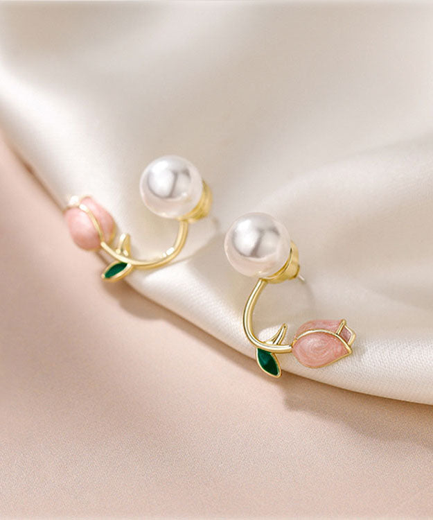 Style Pink Silver Overgild Pearl Oil Drip Hoop Earrings