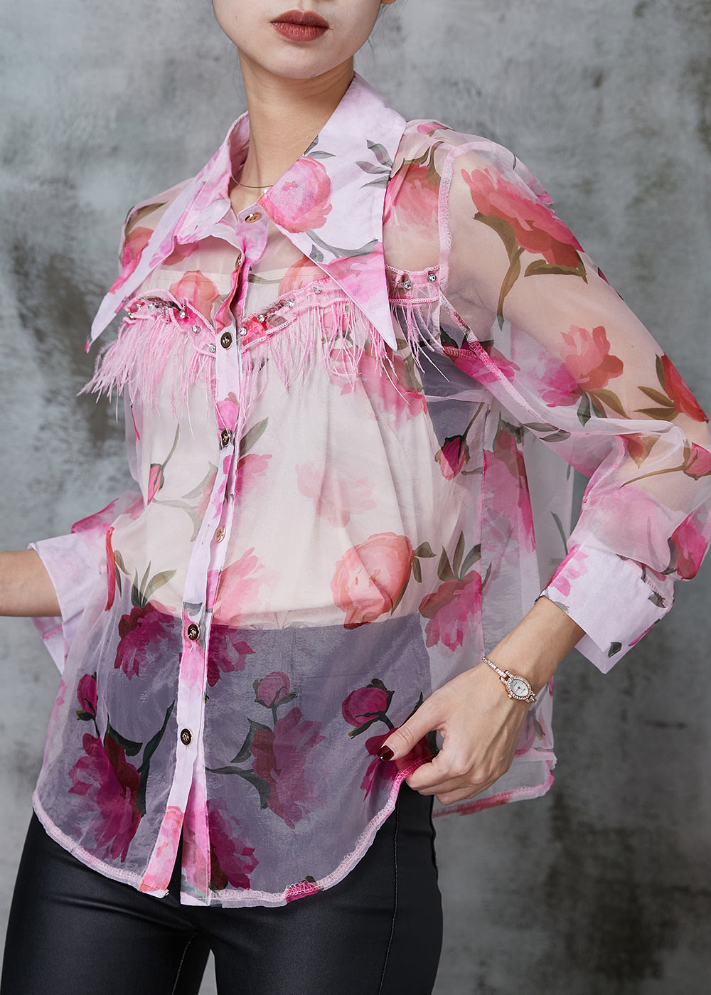 Style Pink Tasseled Print Chiffon UPF 50+ Shirt Two Piece Set