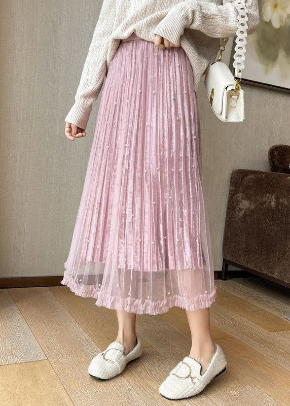 Style Pink Wrinkled Patchwork Wear On Both Sides Velour Tulle Skirt Spring