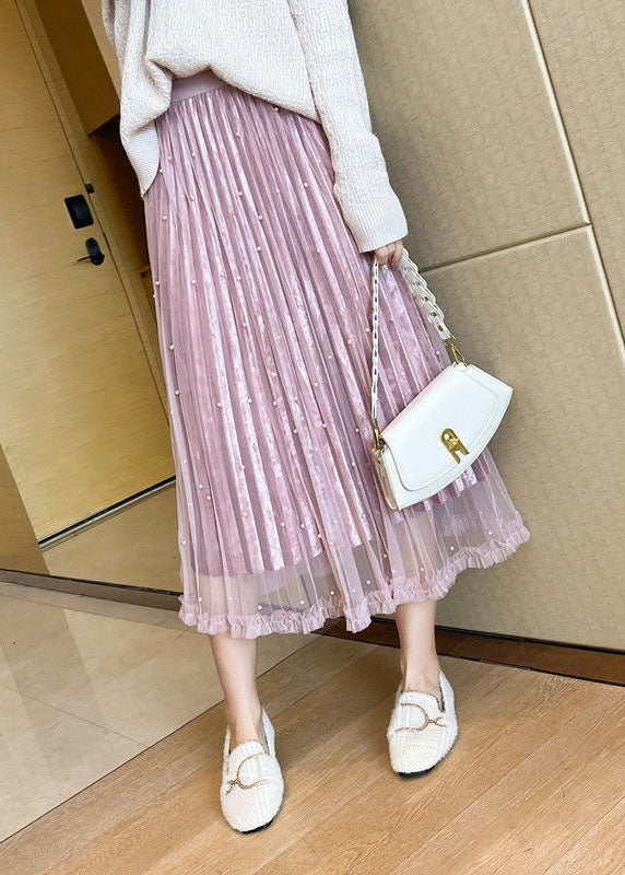 Style Pink Wrinkled Patchwork Wear On Both Sides Velour Tulle Skirt Spring