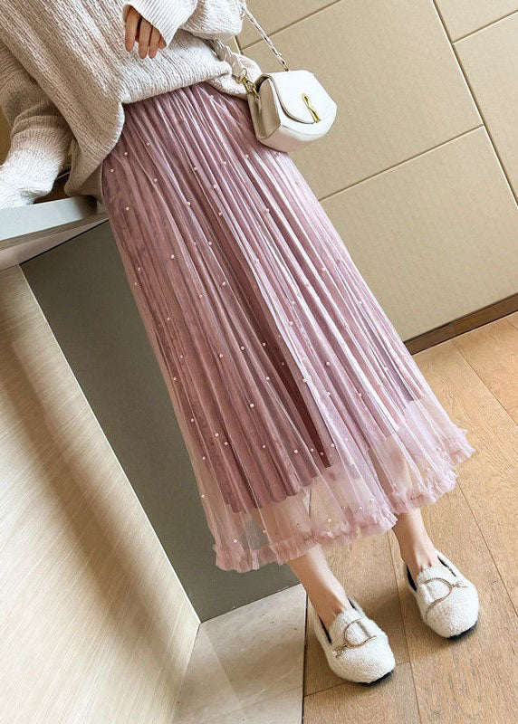 Style Pink Wrinkled Patchwork Wear On Both Sides Velour Tulle Skirt Spring