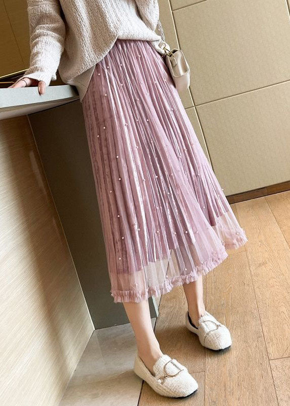 Style Pink Wrinkled Patchwork Wear On Both Sides Velour Tulle Skirt Spring