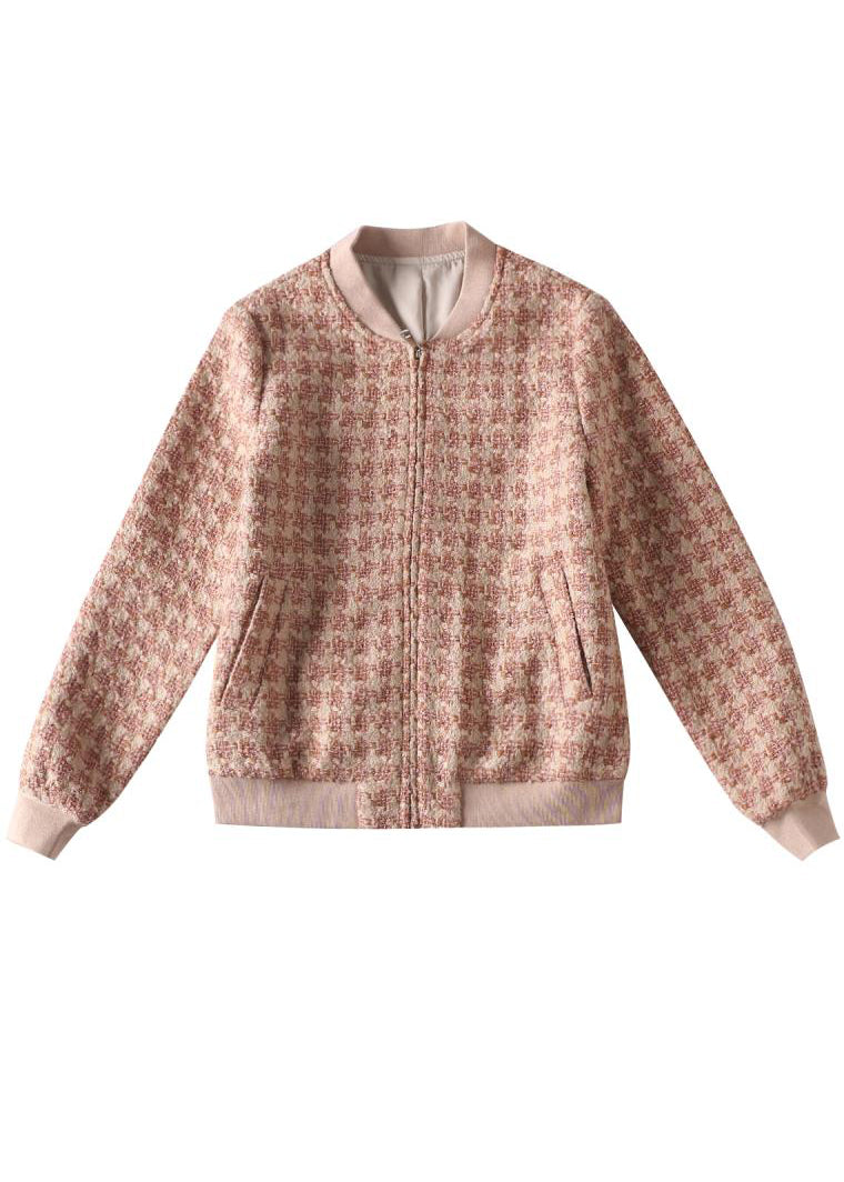 Style Pink Zip Up Plaid Woolen Coat Winter