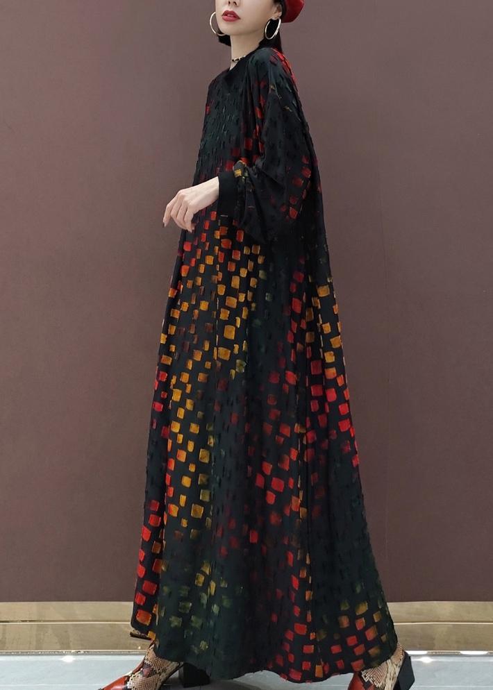 Style Plaid Tunic O Neck Dragon Design Robes Spring Dresses - Omychic