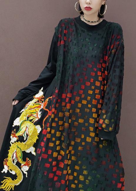 Style Plaid Tunic O Neck Dragon Design Robes Spring Dresses - Omychic
