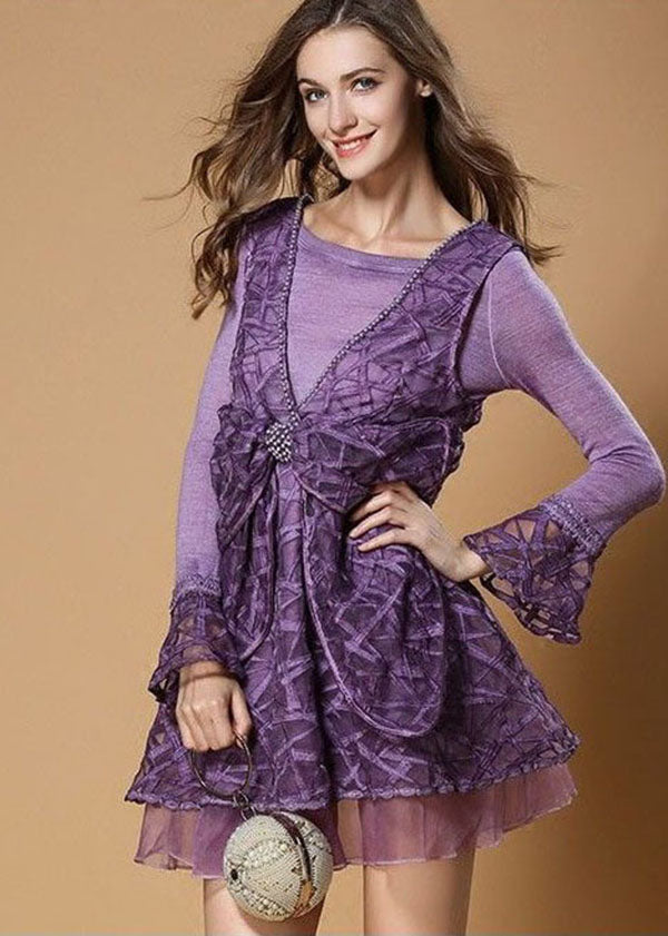 Style Purple Bow Patchwork Tulle Print Fake Two Piece Mid Dresses Spring