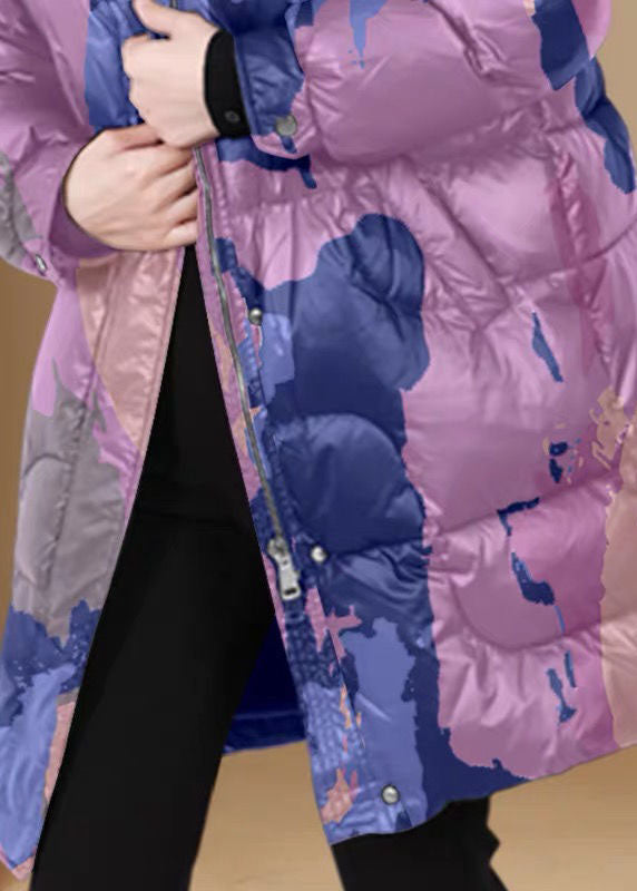 Style Purple Hooded Print Thick Duck Down Puffers Coats Winter