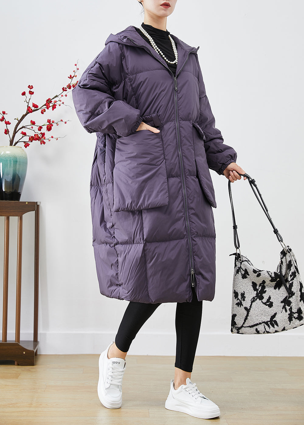 Style Purple Oversized Big Pockets Warm Duck Down Jacket In Winter
