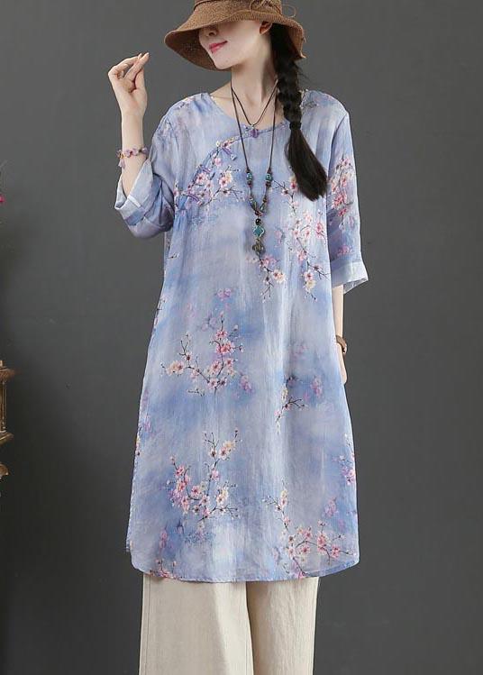 Style Purple Print Oriental Long Linen Shirt Top Summer - Omychic