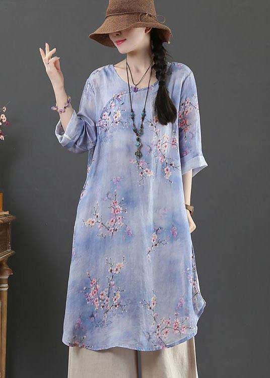 Style Purple Print Oriental Long Linen Shirt Top Summer - Omychic