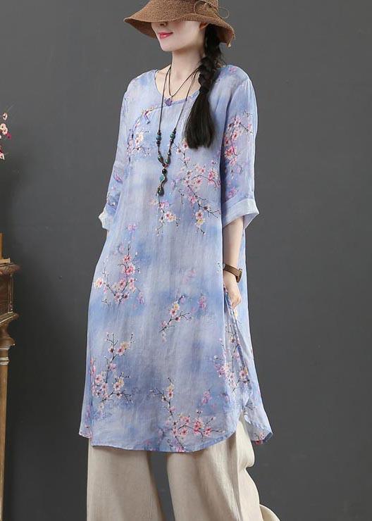 Style Purple Print Oriental Long Linen Shirt Top Summer - Omychic