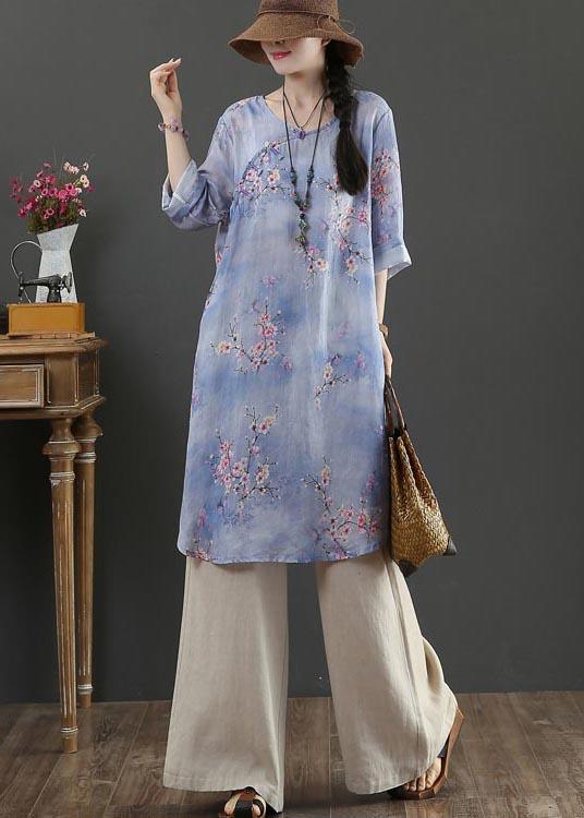 Style Purple Print Oriental Long Linen Shirt Top Summer - Omychic