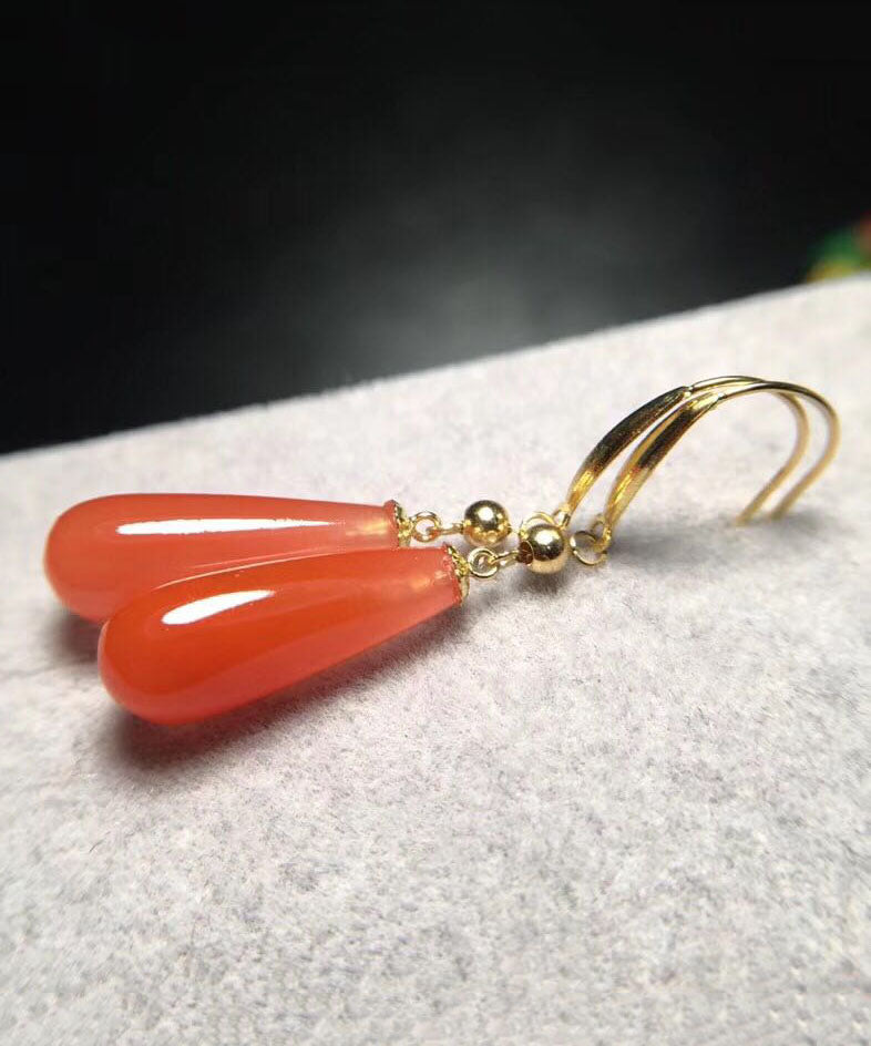 Style Red 18K Gold Agate Water Drops Drop Earrings