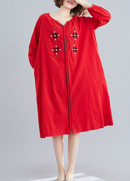 Style Red Embroideried Loose Dresses Spring