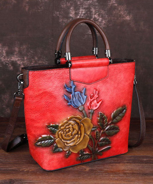 Style Red Floral Paitings Calf Leather Tote Handbag