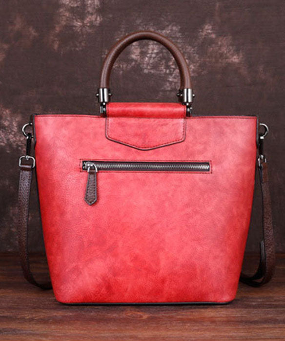 Style Red Floral Paitings Calf Leather Tote Handbag