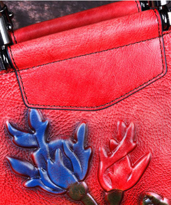 Style Red Floral Paitings Calf Leather Tote Handbag