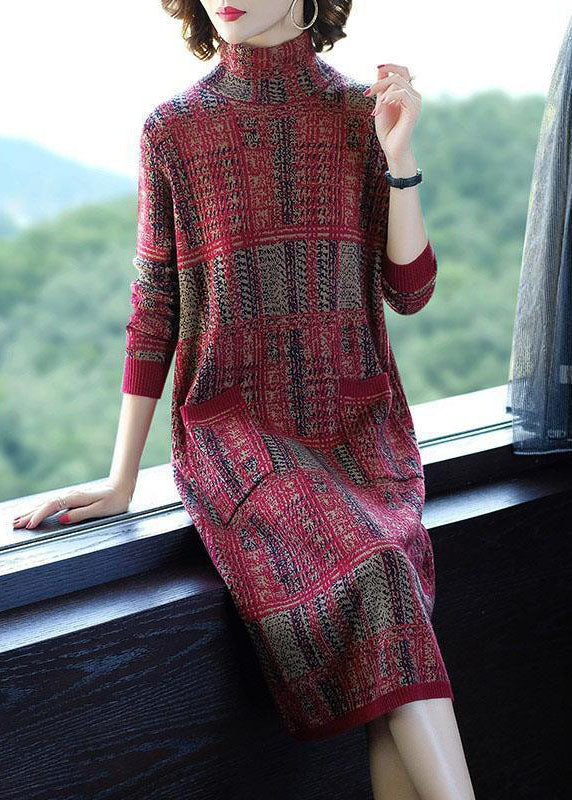 Style Red High Neck Slim Fit Plaid Pockets Knitted Dress Winter