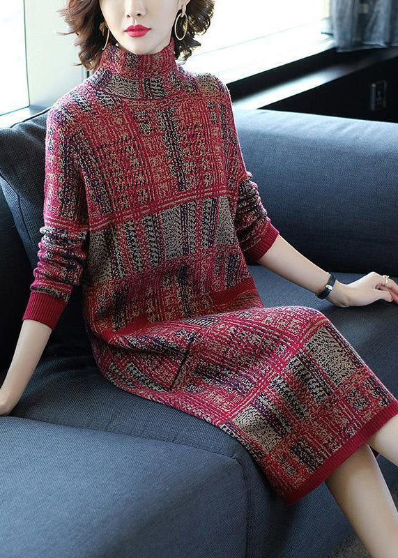 Style Red High Neck Slim Fit Plaid Pockets Knitted Dress Winter