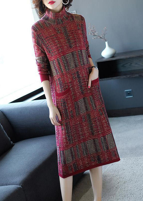 Style Red High Neck Slim Fit Plaid Pockets Knitted Dress Winter