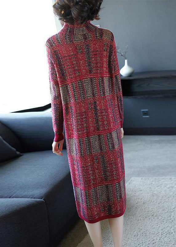 Style Red High Neck Slim Fit Plaid Pockets Knitted Dress Winter
