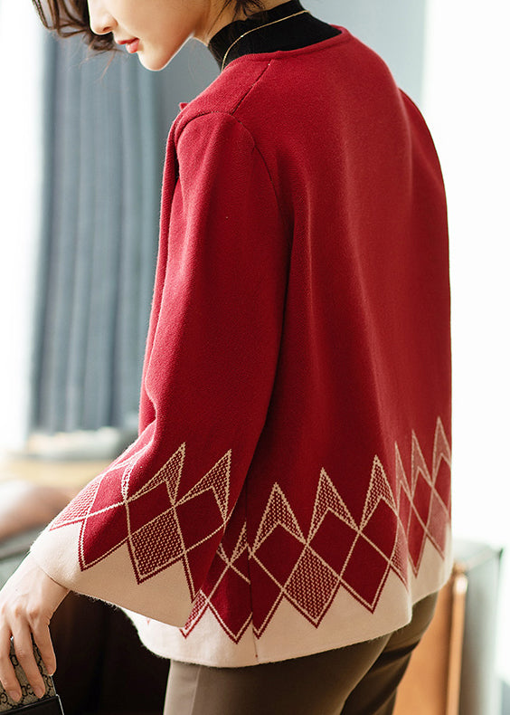 Style Red O Neck Print Patchwork Knit Cardigan Fall